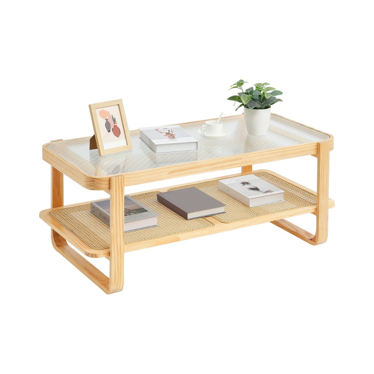45-Inch Rectangle Rattan Coffee Table with Tempered Glass Top and One Open Storage Shelf